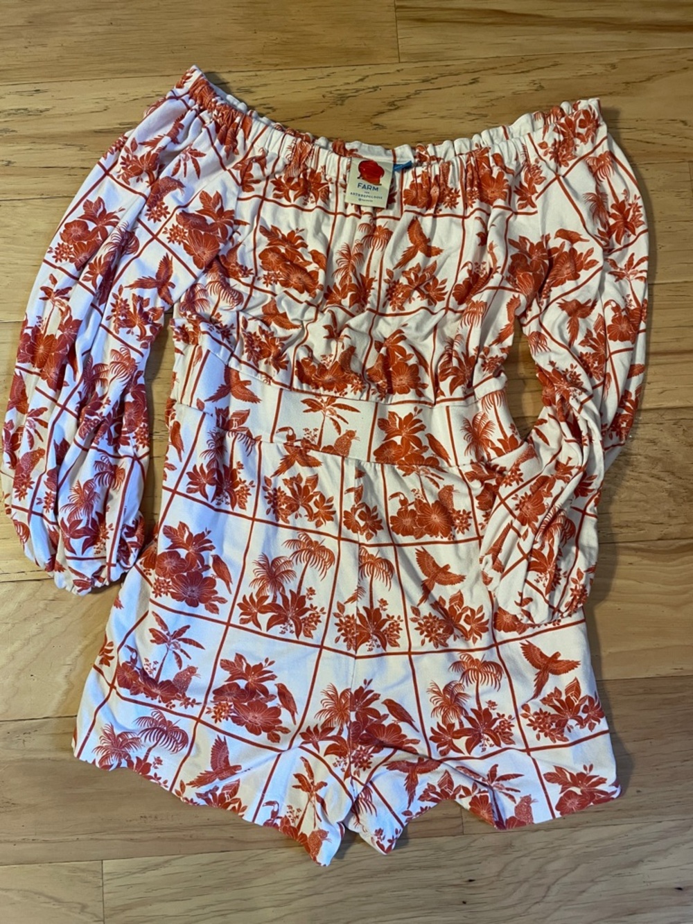 Farm Rio Off-Shoulder Floral Romper in Rust and White